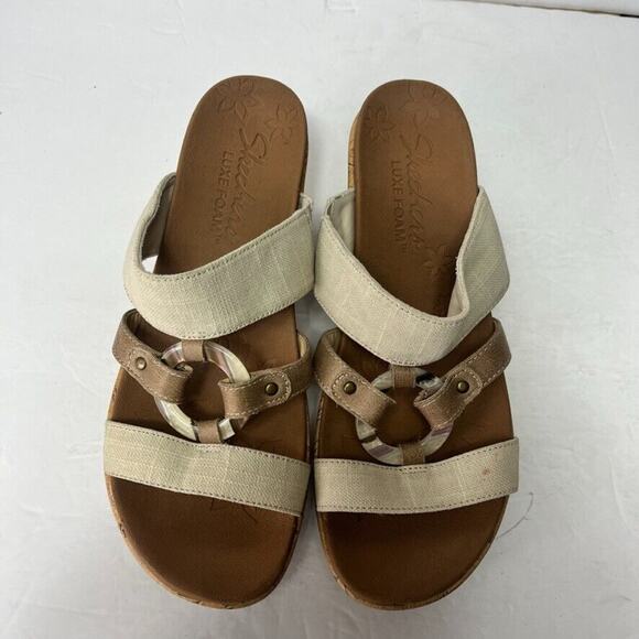 Skechers Sandals Women's 9 Tan Beige Comfort Platform Wedge Slip On Luxe Foam - Picture 7 of 14